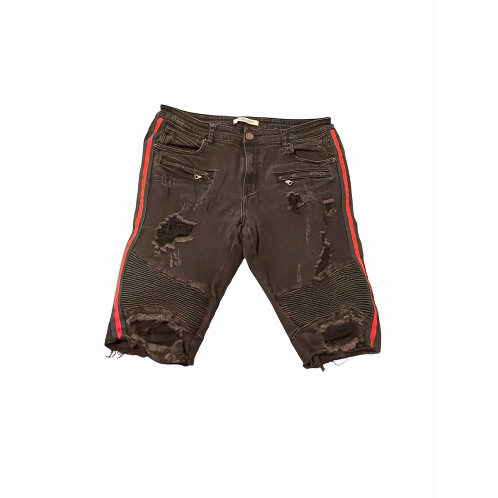 Embellish Distressed Moto Denim Shorts Black Red Stripe Biker Y2K Size 36 Edgy
